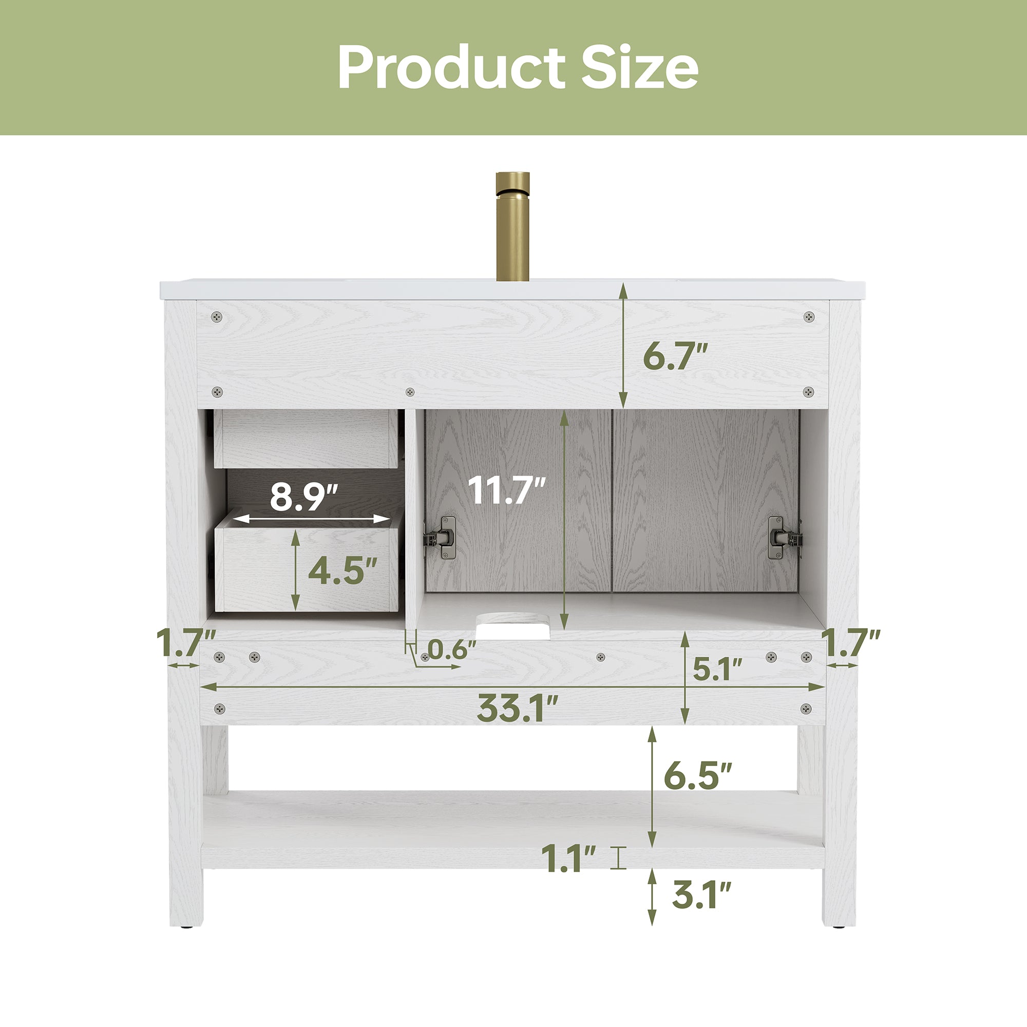Deluxe Living 36" Bathroom Vanity with Sink,gold hardware,integrated SMC sink,2 drawers,open shelf storage,soft-close doors and adjustable feet,White