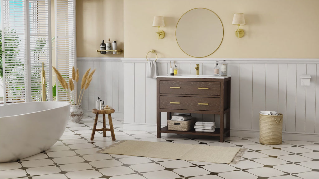 Deluxe Living 24 Inch Bathroom Vanity with Sink,2 Soft-Close Drawers & Open Storage Shelf, Integrated sink & Adjustable Feet